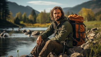 Man sit with a backpack, in the background a lake and mountains.