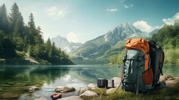 Backpack in the lake with mountains in the background 