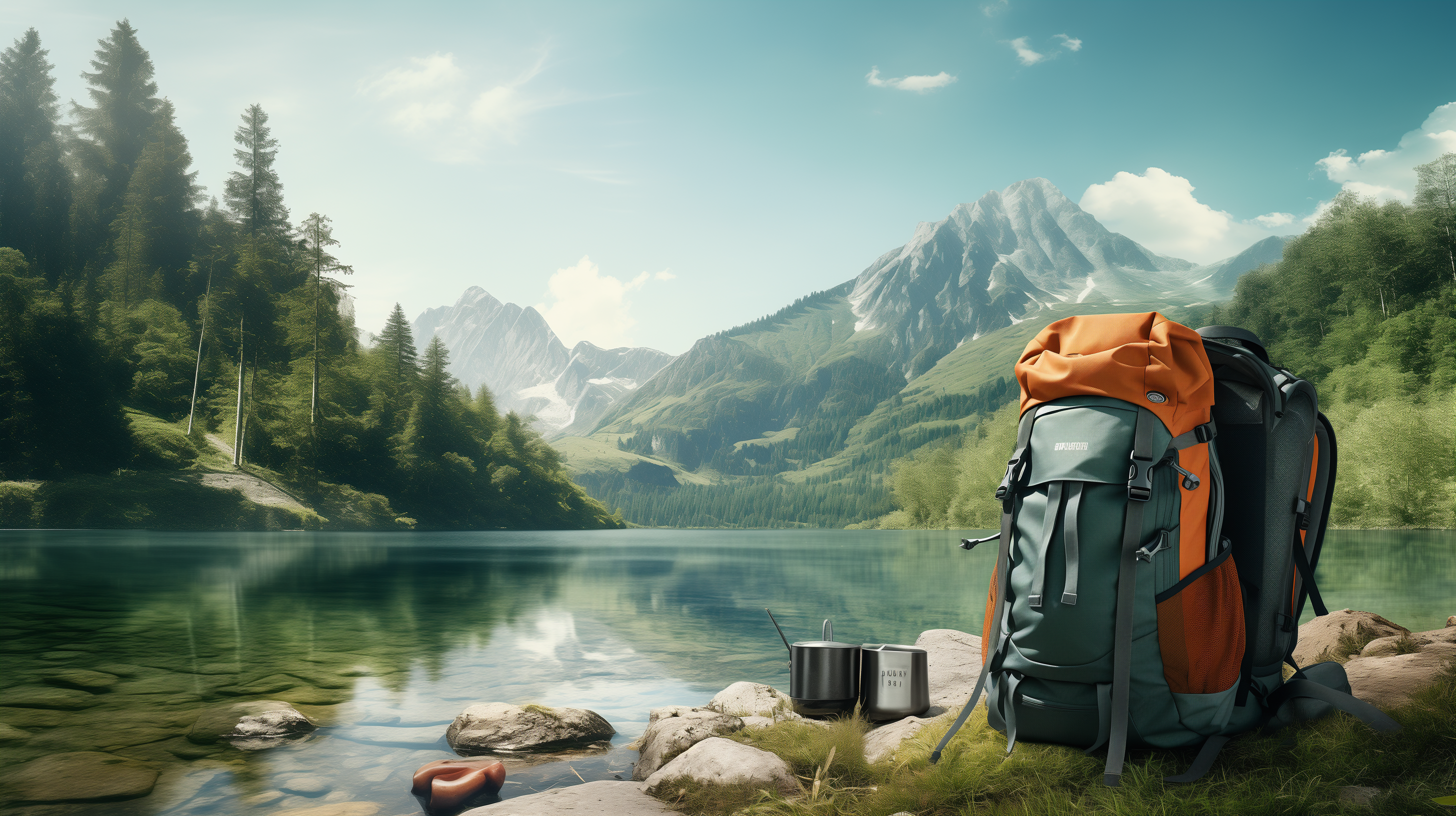 Backpack in the lake with mountains in the background 